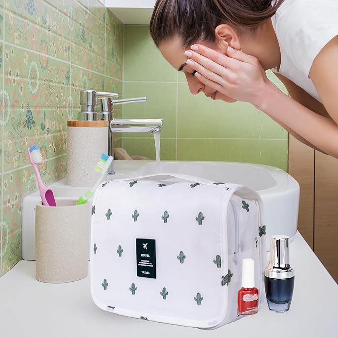 Travel Toiletry Bag for Women, Hanging Toiletry Bag with Multi-Pockets, Toiletry Bag for Traveling Easy Clean, Travel Organizer Cactus Pattern