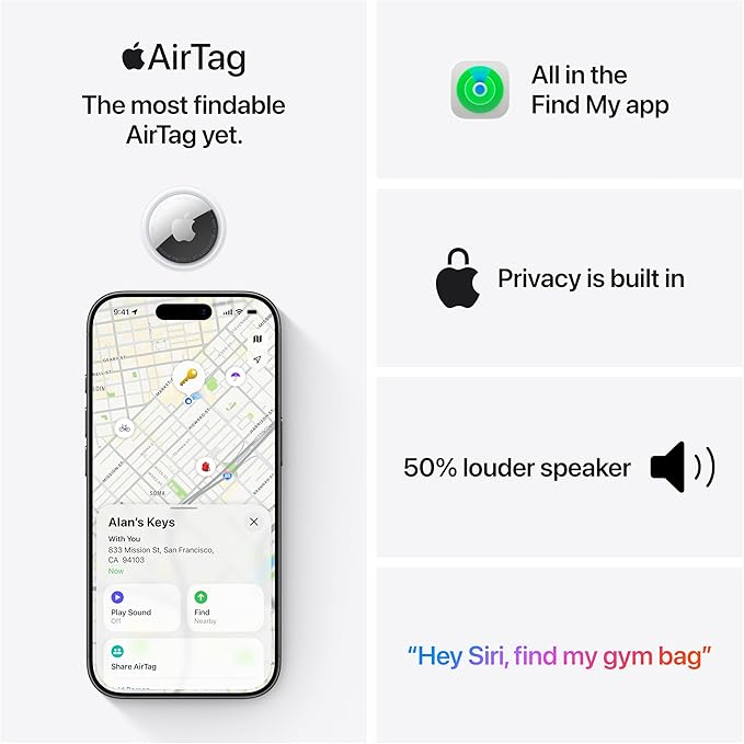 Apple AirTag (2nd Generation) - 4 Pack: Tracker for Keychain, Wallet, and More; Locator with Sound; Simple One-Tap Setup with iPhone or iPad; Key Finder with up to 1.5X Precision Finding Range*