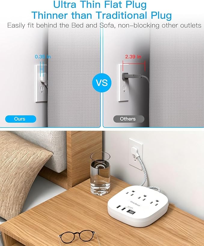 Cruise Ship Travel Essentials, 22.5W/4.5A Flat Plug Power Strip, 3Ft Flat Extension Cord, 3 Outlets 4 USB Ports (2 USB C) Cruise Approved Power Strip No Surge Protection, Desktop Charging Station