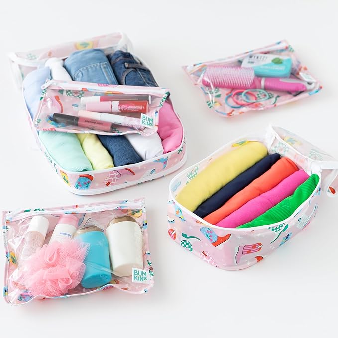 Bumkins Packing Cubes and TSA Approved Pouches for Travel Bag, Organize Luggage with Compression Bags, Essential Traveling Accessories to Pack Clothes, Toiletries Carry On Suitcase, 5-pc Cowgirl Boots