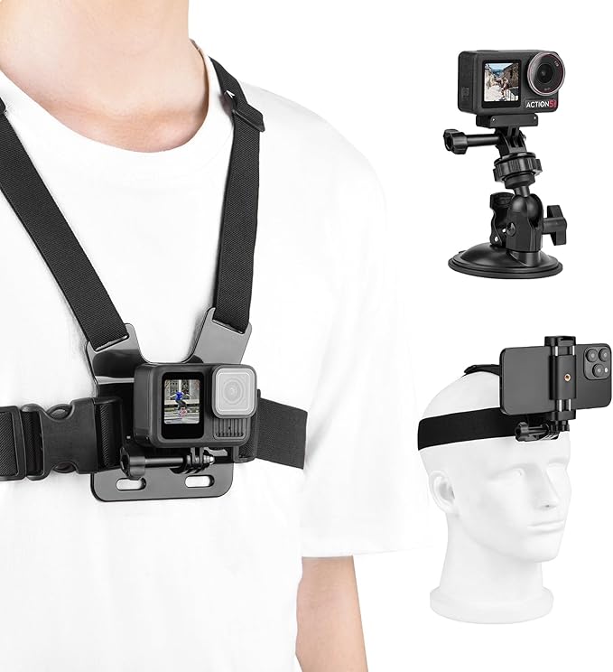 Chest Harness Mount Kit for GoPro, Head Strap Body Mount & Suction Cup Holder for iPhone, for Insta360 X5/X4, for DJI Osmo Action 5/Pocket 3 4/360, for AKASO Camera Recording Vlog Accessories