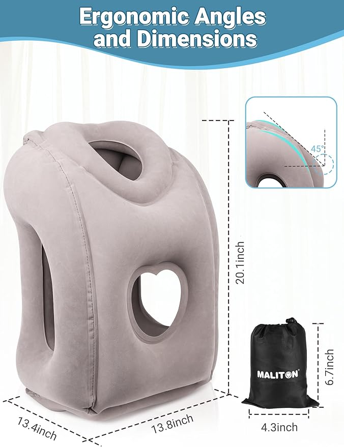 Maliton Inflatable Travel Pillow for Airplane Comfortable Sleeping to Relieve Neck and Shoulder Pain, Support Head Inflatable Pillow for Long Flights, Used for Airplanes, Cars, Trains, Office (Grey)