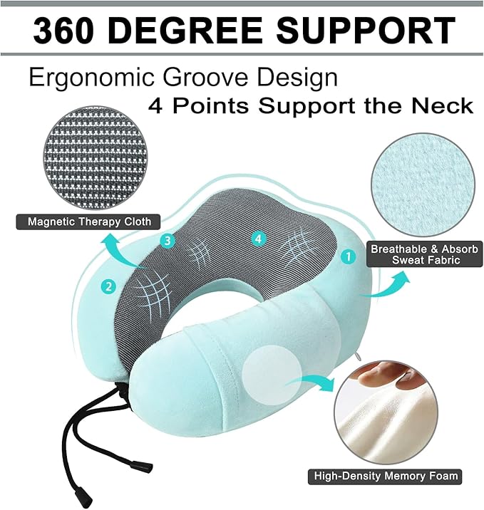 urnexttour Travel Pillow and Blanket Set Neck Pillow Airplane Memory Foam for Traveling Compact with Bag Blue Green