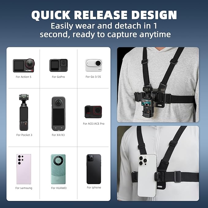 BRDRC Pocket 3 Chest Mount,Hand Free Vlog Video Body Chest Harness Strap for DJI Action 5 Pro/4/3/Pocket 4,POV Shooting Body Strap Holder Clip Kit for GoPro, for Insta360 X3 X4, Phone Accessories