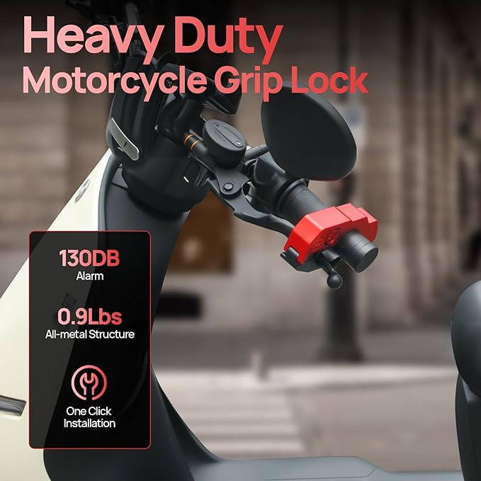Motorcycle Locks Anti Theft, 130DB Alarm Motorcycle Grip Brake Lock, Heavy Duty Handlebar Throttle Lock Waterproof Alarm System for Moped, Bike, Scooter, ATV (Red)