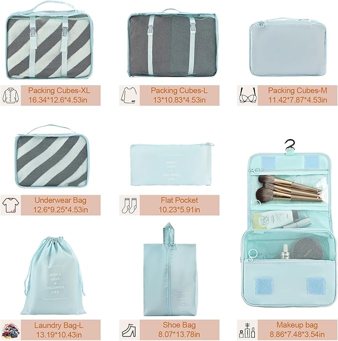 8 Set Compression Packing Cubes for Travel Essentials,Suitcase Organizer Bags, Carry-On Luggage Accessories with Laundry & Toiletry Bag, Road Trip & Camp Gifts for Men and women(blue)