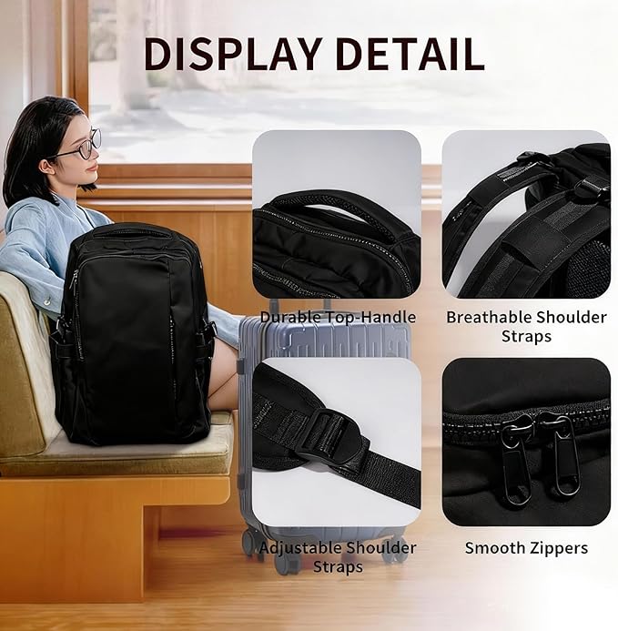 Travel Backpack for Women Men Carry on Backpack, Airline Approved Large Travel Bag Flight Approved Personal item, 15.6 Inch Laptop Backpack Casual Daypack for Weekender Business Hiking-BLACK