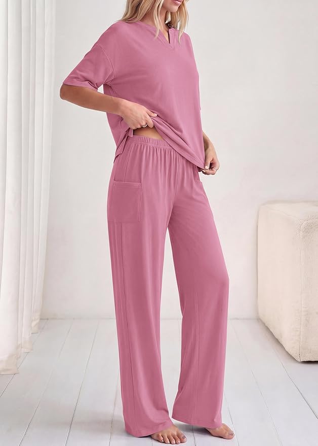 KIRUNDO Womens 2 Piece Matching Lounge Set Airport Travel Vacation Summer Outfits Oversized Short Sleeve Tops Wide Leg Pants