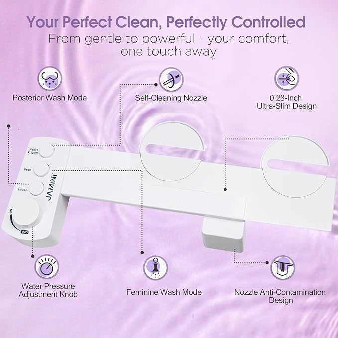 Jamini Ultra-Slim Detachable Bidet Attachment for Toilet – Non-Electric Cold Water, Self-Retraction Dual Nozzles, Step-less Pressure Dial, Dedicated Cleaning Mode, CA65 Certified