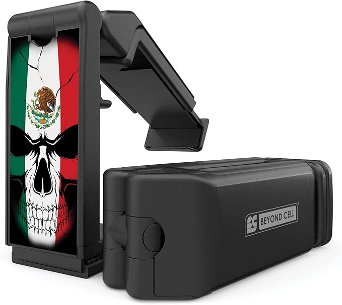 Beyond Cell Travel Accessories, Universal Seat Back Tray Table Hands Free Phone Clip Holder, Adjustable Pocket Size Airplane Travel Essentials Compatible with iPhone and Android Mexican Flag Skull