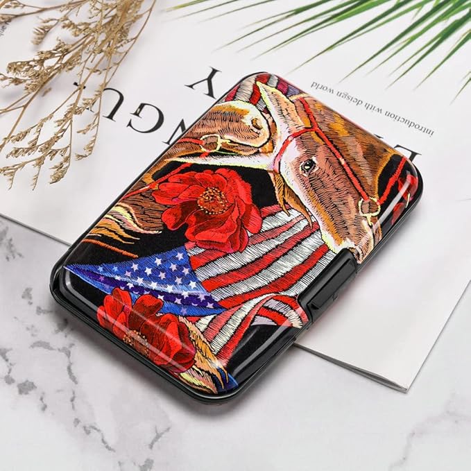 ELFISH Mini RFID Aluminum Wallet Credit Cards Holder Business Card Case Metal ID Case for Men Women(Horse)