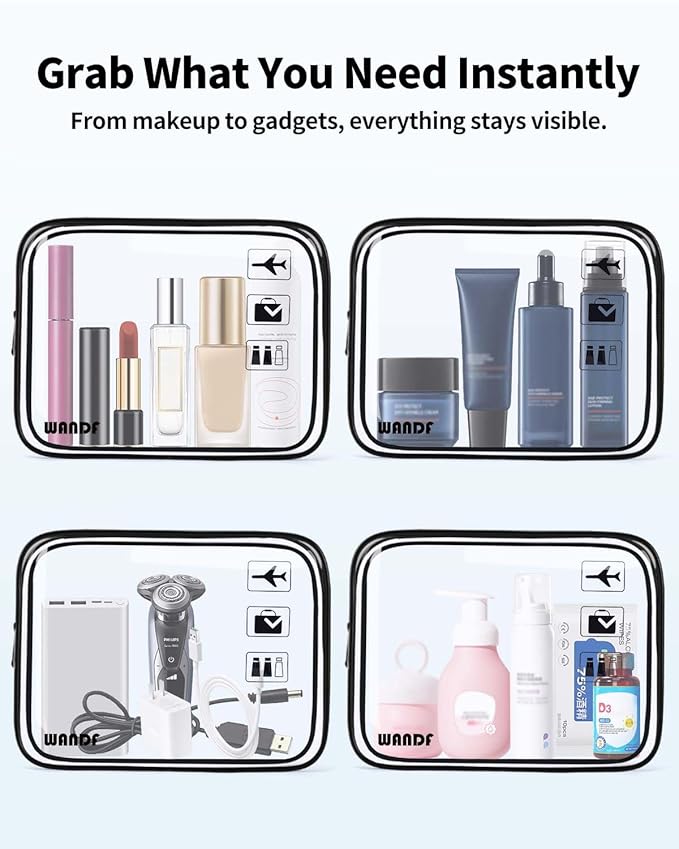 WANDF TSA Approved Toiletry Bag, 2 Packs Travel Clear Toiletry Bag, Quart Size Makeup Cosmetic Pouch with Zipper, Carry-On Airport Compliant Bag for Women and Men(3 pcs, Black)