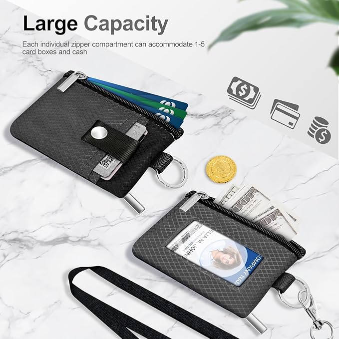 Minimalist RFID Blocking Small Wallet with ID Window,WaterResistant Zip Id Case Wallet with Lanyard Keychain for Cards,Cash,Travel,Women,Men (DarkGrey/Black)