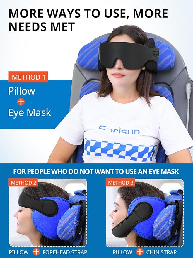SARISUN Airplane Pillow Combo with Chin Strap, Travel Pillows for Airplanes with Sleep Eye Mask, Plane Head Strap for Long Flights, Car Road Trip, 360° Headrest, Stop Bobblehead Travel Essential, Red