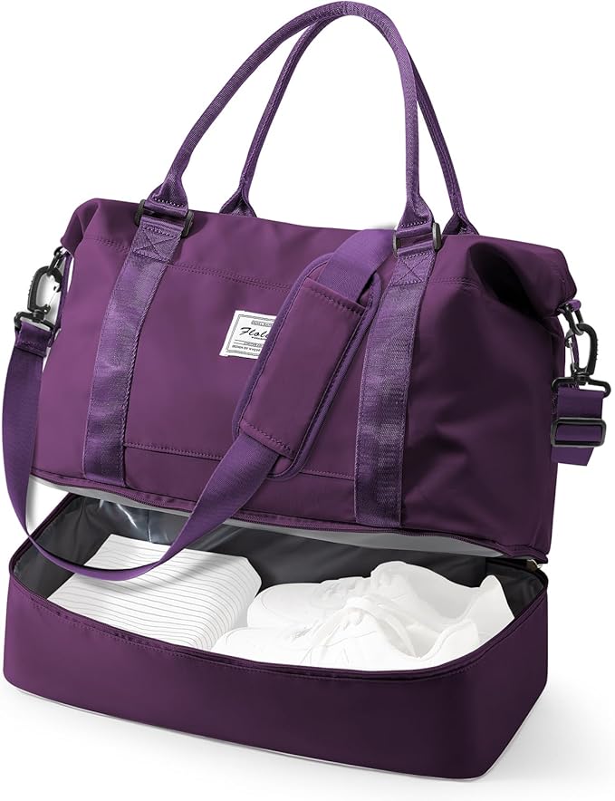Travel Duffel Bag, 18x14x8 Inches Travel Bag Spirit with Shoes Compartment, Weekender Overnight Bag for Women with Trolley Sleeve, Carry On Bag for Airplanes Sport Tote Gym Bag DeepPurple