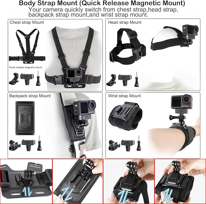 PellKing Accessories Kit for DJI Osmo Action 5pro/4/3,Carrying Case with Belt 135cm Selfie Stick Tripod Waterproof Housing Floating Handle Grip Magnetic Handlebar Mount Qucik Release4 in 1 Body Mount