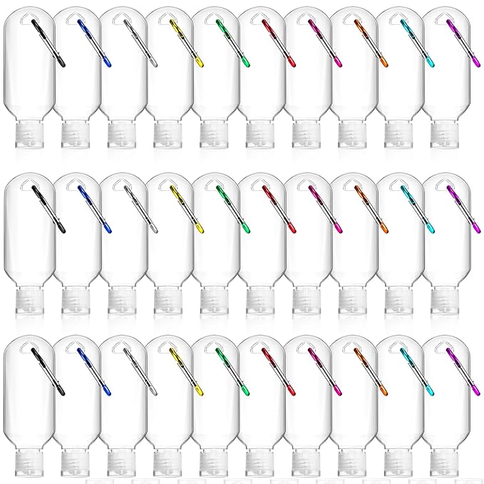 FairySandy 30 Pcs Traveling Bottles with Keychain 2oz Clear Plastic Hand Sanitizer Holder Keychain Empty Refillable Liquid Packing Container Squeeze Plastic Bottle with Lid,Rectangle