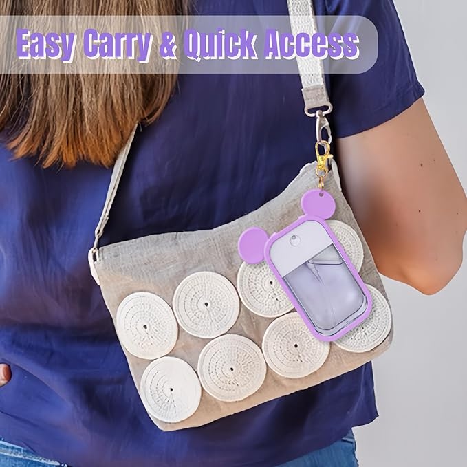 Mouse Design Silicone Case Compatible with Touchland Hand Sanitizer Spray 1 fl oz, Silicone Protective Case Holder with Keychain for Power Mist and Glow Mist, Purple