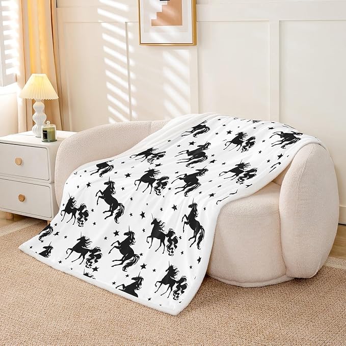 Cartoon Unicorn Kids Throw Blanket,Starry Sky Galaxy Romantic Bed Blanket for Girls Boys Adults,Cute Animals Simple Fleece Blanket,Black White Chic Fuzzy Blanket,Twin Size (60 x 80 Inches)