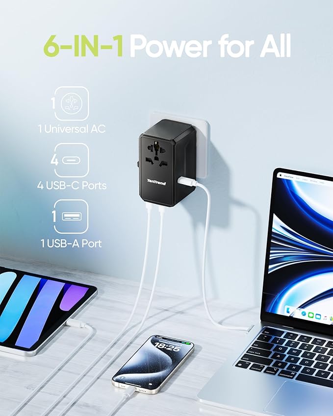 TenTrend Universal Travel Adapter, 140W International Power Adapter with 4 USB-C & 1 USB-A Ports, European Travel Plug Adapter, Worldwide Travel Essentials for EU UK AUS USA