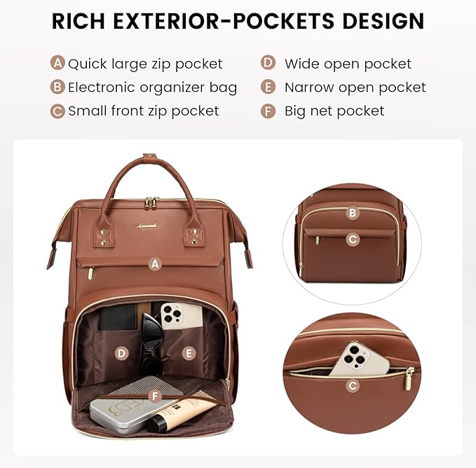 LOVEVOOK Leather Laptop Backpack for Women 18 inch,Travel Backpack Purse Nurse Teacher Backpack Computer Laptop Bag,Professional College Business Work Bags Carry On Backpack with USB Port,Brown