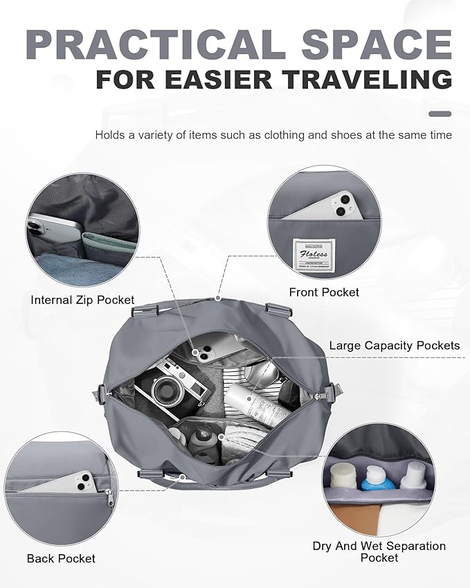 Travel Duffel Bag, 18x14x8 Inches Travel Bag Spirit with Shoes Compartment, Weekender Overnight Bag for Women with Trolley Sleeve, Carry On Bag for Airplanes Sport Tote Gym Bag SlateGrey