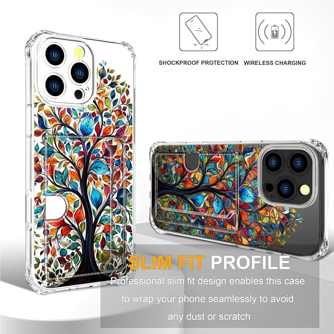 Compatible with iPhone 16 Pro Case Card Holder for Women Cute Design,Wallet Phone Cases Transparent Cool Kawaii Protective (Clear Tree Colorful Leaves)