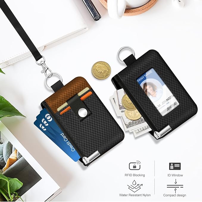 Minimalist RFID Blocking Small Wallet with ID Window,WaterResistant Zip Id Case Wallet with Lanyard Keychain for Cards,Cash,Travel,Women,Men (Black/Brown)