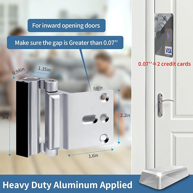 Home Security Door Reinforcement Lock Safety Latch Extra Front Doors Security Devices, Anti Door Kick in Safety Protector for Door Inside, Child Proof Aluminum Locks Silver 2Pack
