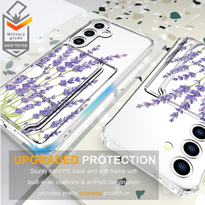 Compatible with Samsung Galaxy S24 / S25 Case Card Holder for Women Cute Design,Wallet Phone Cases Transparent Cool Kawaii Protective (Clear Purple Lavender)