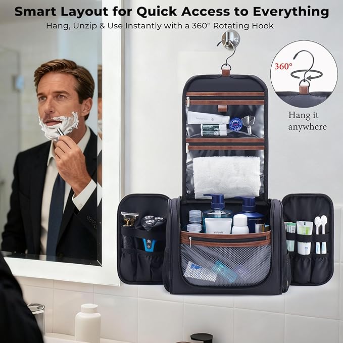 Ralnitote Large Hanging Toiletry Bag for Men, Travel Bathroom Bag with Hook, Hygiene Bag Organizer for Shower, Shaving & Grooming Essentials, Black