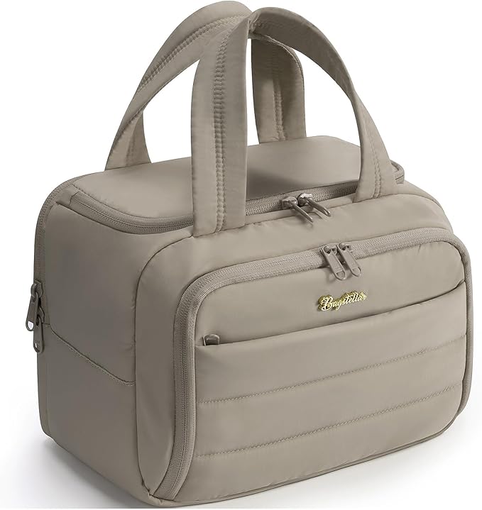 Bagstellar Travel Toiletry Bag for Women, Lightweight Large Quilted Puffy Makeup Bag Wide-open Make up Organizer Cloud Cosmetic Bag w/Handle for Traveling, Toiletries, Essentials, Accessories Oatmeal
