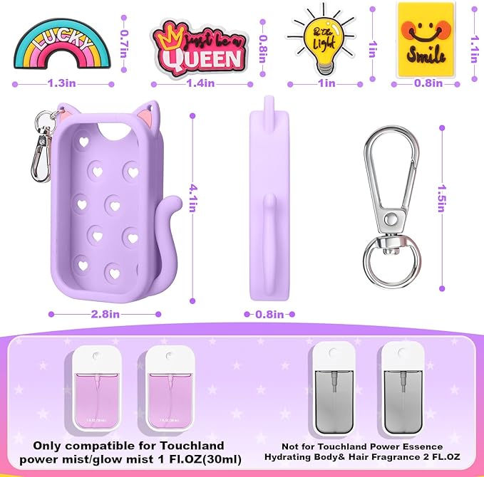 Juome Silicone Case for Touchland Hand Sanitizer Spray with Keychain & Charms, Cat Protective Holder Compatible with Touchland Power Mist & Glow Mist 1 FL Oz/30ML,Travel Cover Sleeve Accessory -Purple