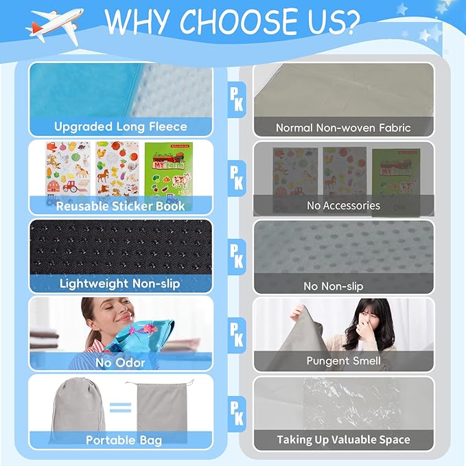 Airplane Bed for Toddler with Blanket, Airplane Seat Extender for Kids, Baby Airplane Travel Essentials, Blue