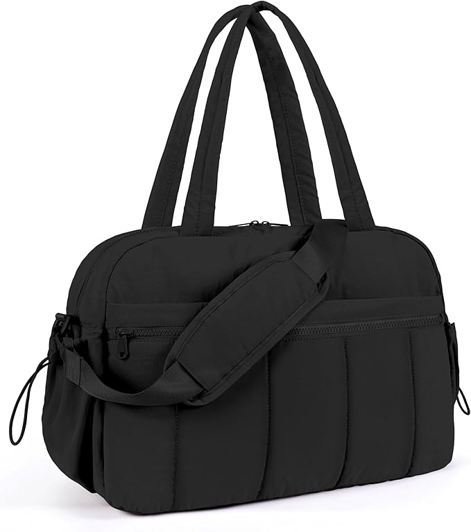 Lightweight Travel Duffle Bag for Women, Quilted Puffy Weekender with Wet Pocket for Gym, Overnight, Personal Item Carry On, Black