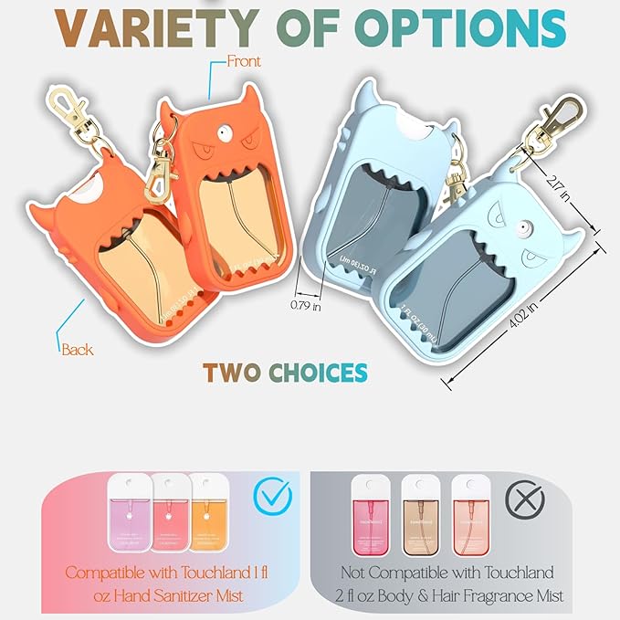 Hand Sanitizer Case Compatible with Touchland, Cute Monster Silicone Holder Keychain 1 Fl Oz, 2 Pcs Orange & Sky Blue