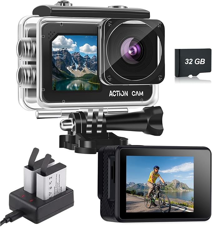 Action Camera FHD 1080P 16MP with 32GB Memory Card - 131FT/40M Waterproof Dual Screen Sports Camera,2X Batteries & Multifunctional Accessories Kit for Helmet, Bicycle