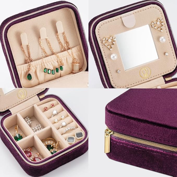 ZPROW Plush Velvet Travel Jewelry Case, Travel Jewelry Organizer, Jewelry Travel Case, Travel Jewelry Box, Small Jewelry Case for Women,Jewelry Travel Box, Earring Organizer with Mirror - Purple