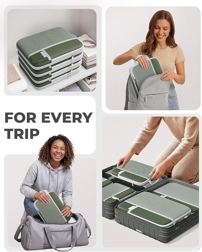 Percover Compression Packing Cubes 6-Piece Set, Packing Cubes Compression for Travel with Multi-Size Organization, Travel Organizer for Carry On & Checked Luggage, Green