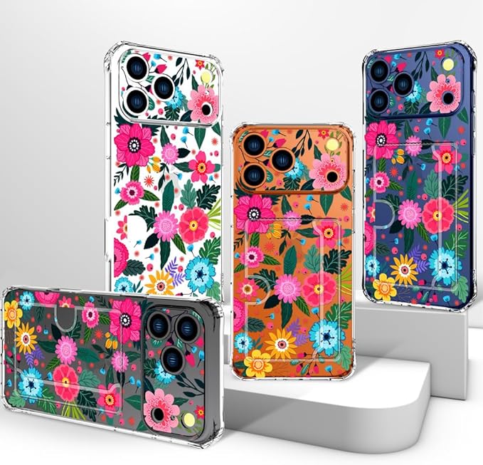 Compatible with iPhone 17 Pro Max Case Card Holder for Women Cute Design,Wallet Phone Cases Transparent Cool Kawaii Protective (Clear Floral Spring Blossom)
