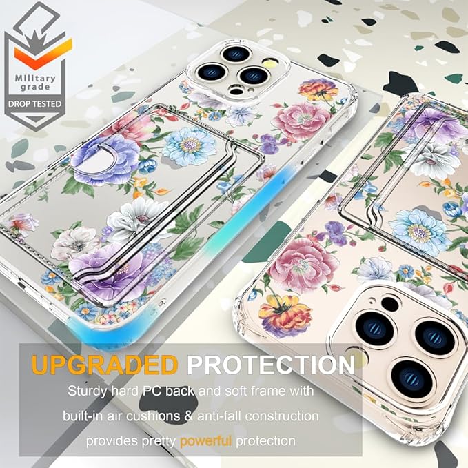 Compatible with iPhone 16 Pro Case Card Holder for Women Cute Design,Wallet Phone Cases Transparent Cool Kawaii Protective (Clear Amazing Lovely Flowers)