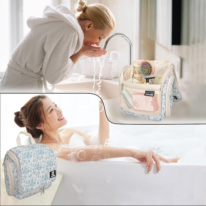 Goloni Hanging Toiletry Bag, 10 Compartments Water-Resistant Makeup Bag with 360° Spinning Metal Hook, Large Travel Cosmetic Organizer for Men & Women, Flower (7.05oz)