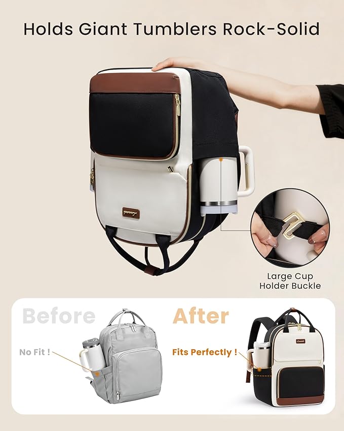 LOVEVOOK Laptop Backpack for Women with Giant Tumbler Holder Pocket, 15.6 inch Travel Work Backpack Purse for Teacher Nurse, Waterproof College Book Bag Cute Casual Daypack, Black