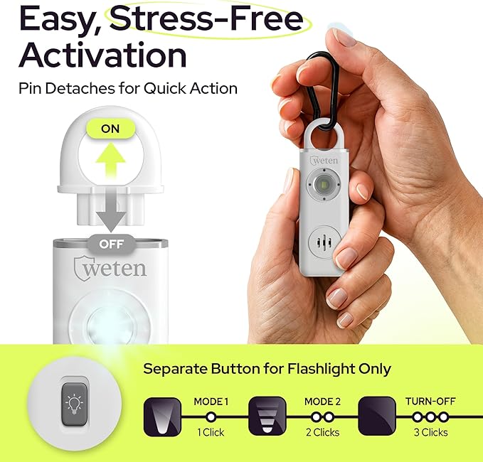 Personal Alarm for Women Safety - 130dB Loud Rechargeable Keychain Siren - LED Light, Carabiner Clip, Low Battery Alert, USB-C Charging TSA Safe Self Defense Alarm by Weten (White)