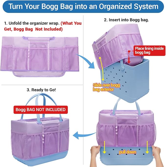 Beach Bag Organizer Insert for Extra Large Bogg Bag Accessories,Xl X Lightweight Wrap Around Inner Outer Liner,18 Pockets,Mesh Zipper Pocket Storage,Organizing L Rubber Eva Tote Bags Organization