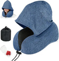 Travel Neck Pillow with Hood Memory Foam Sleeping Airplane Pillows Long Flight Neck Support Plane Essentials Blue
