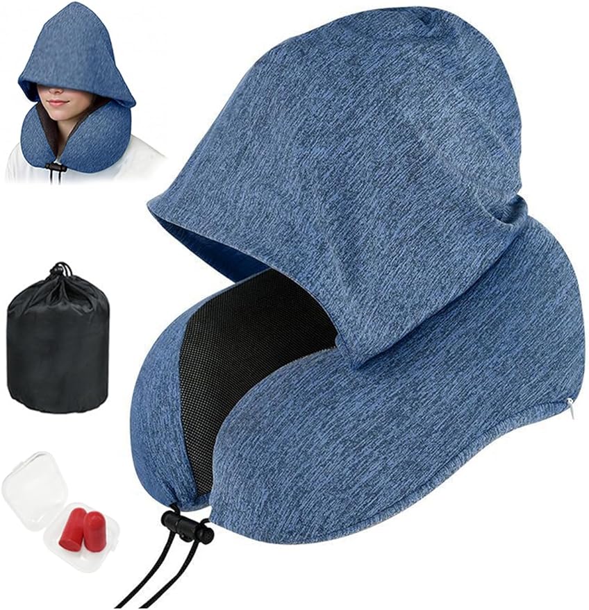 Travel Neck Pillow with Hood Memory Foam Sleeping Airplane Pillows Long Flight Neck Support Plane Essentials Blue