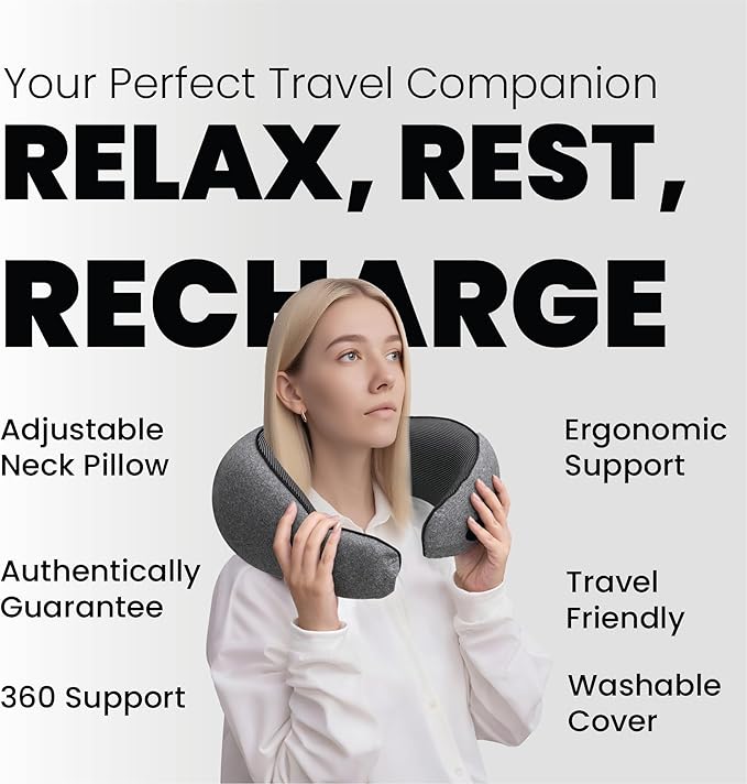 Memory Foam Travel Neck Pillow for Airplane, Ergonomic U-Shape 360° Neck Support for Sleeping & Neck Pain Relief, Breathable Cotton Cover, Adjustable Fit (Gray)