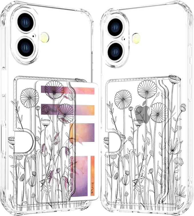 Compatible with iPhone 17 Case Card Holder for Women Cute Design,Wallet Phone Cases Transparent Cool Kawaii Protective (Clear Black Flower Bouquet)