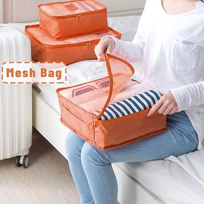 12 Set Packing Cubes for Travel Luggage Packing Bags Reusable Waterproof Suitcase Organizer Bags Set with Shoe Bag and Toiletry Bag (Orange+Navy Blue)